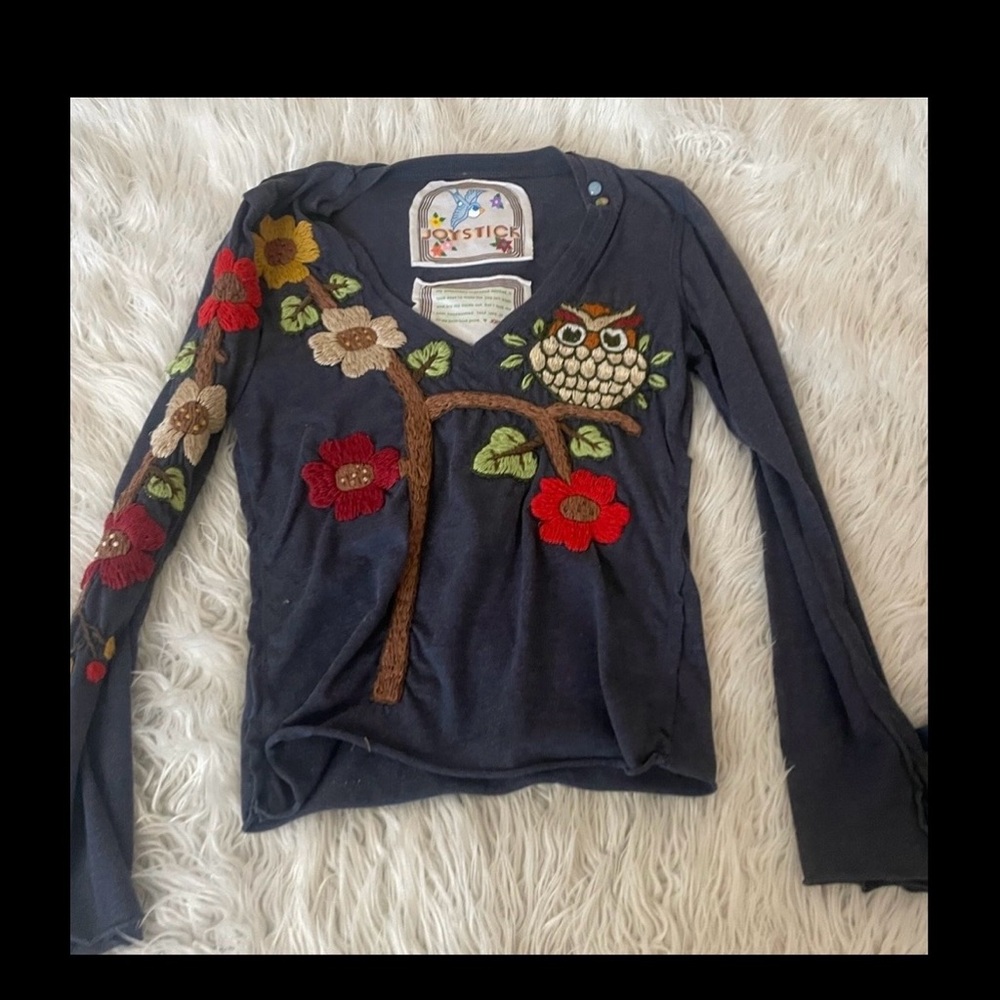 Johnny Was vintage hand stitched floral owl top